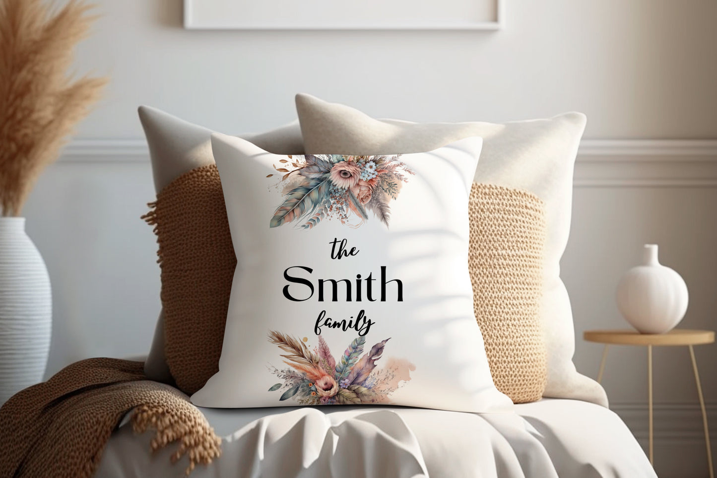 Pastel Dried Floral Design | Family Throw Pillow | Personalise