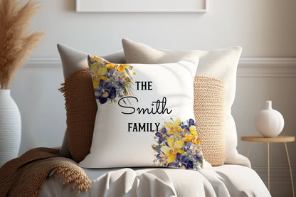 Blue and Yellow Floral | Family Throw Pillow | Personalise