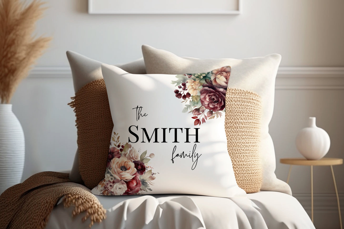 Red and Peach Floral Design | Family Throw Pillow | Personalise