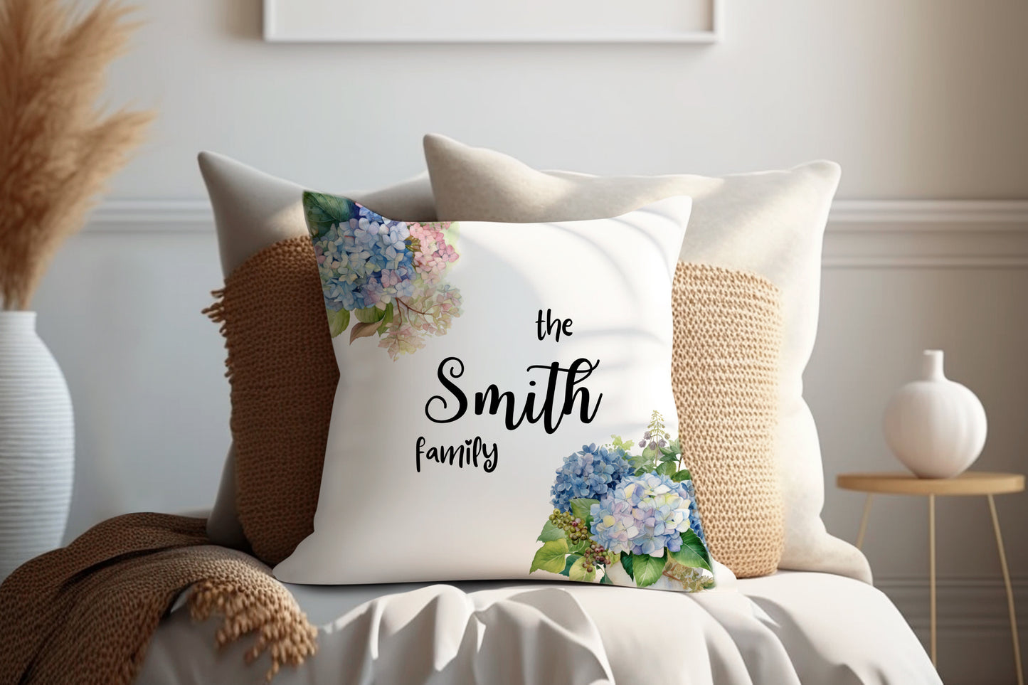 Hydrangea Floral | Family Throw Pillow | Personalise