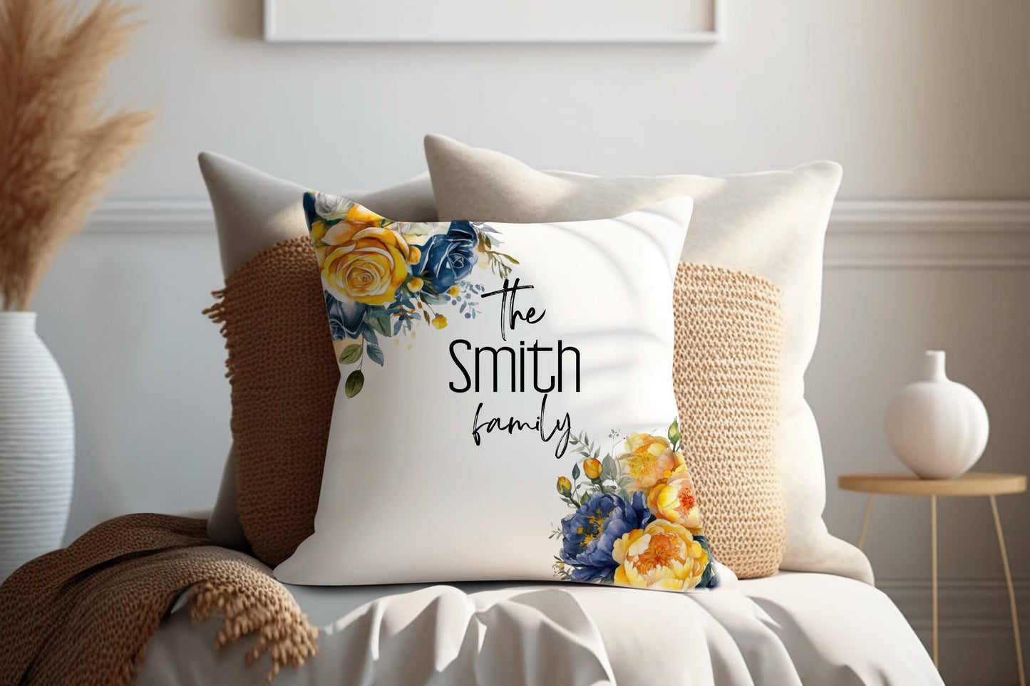 Blue and Yellow Floral | Family Throw Pillow | Personalise