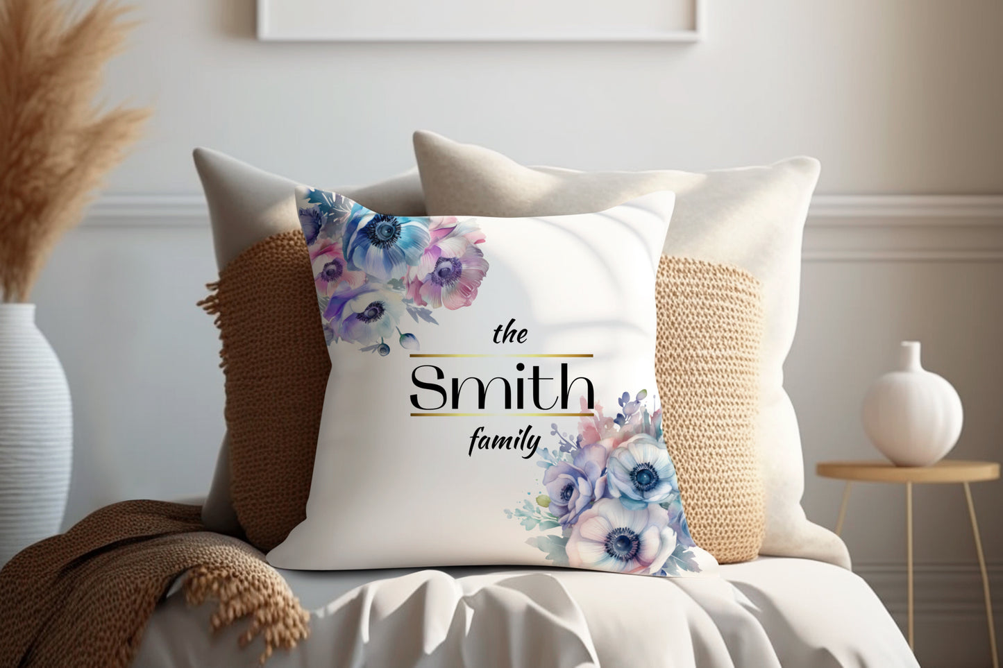 Floral Pastel Blue | Family Throw Pillow | Personalise