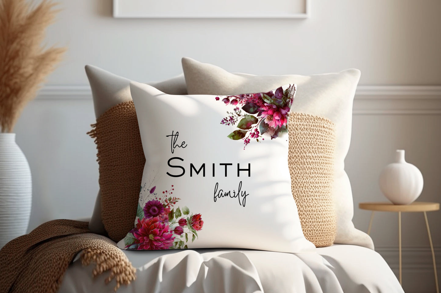 Maroon Mixed Flowers | Family Throw Pillow | Personalise