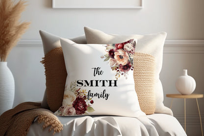 Red and Peach Floral Design | Family Throw Pillow | Personalise