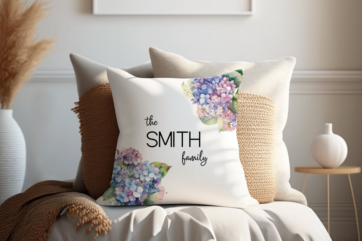 Hydrangea Floral | Family Throw Pillow | Personalise