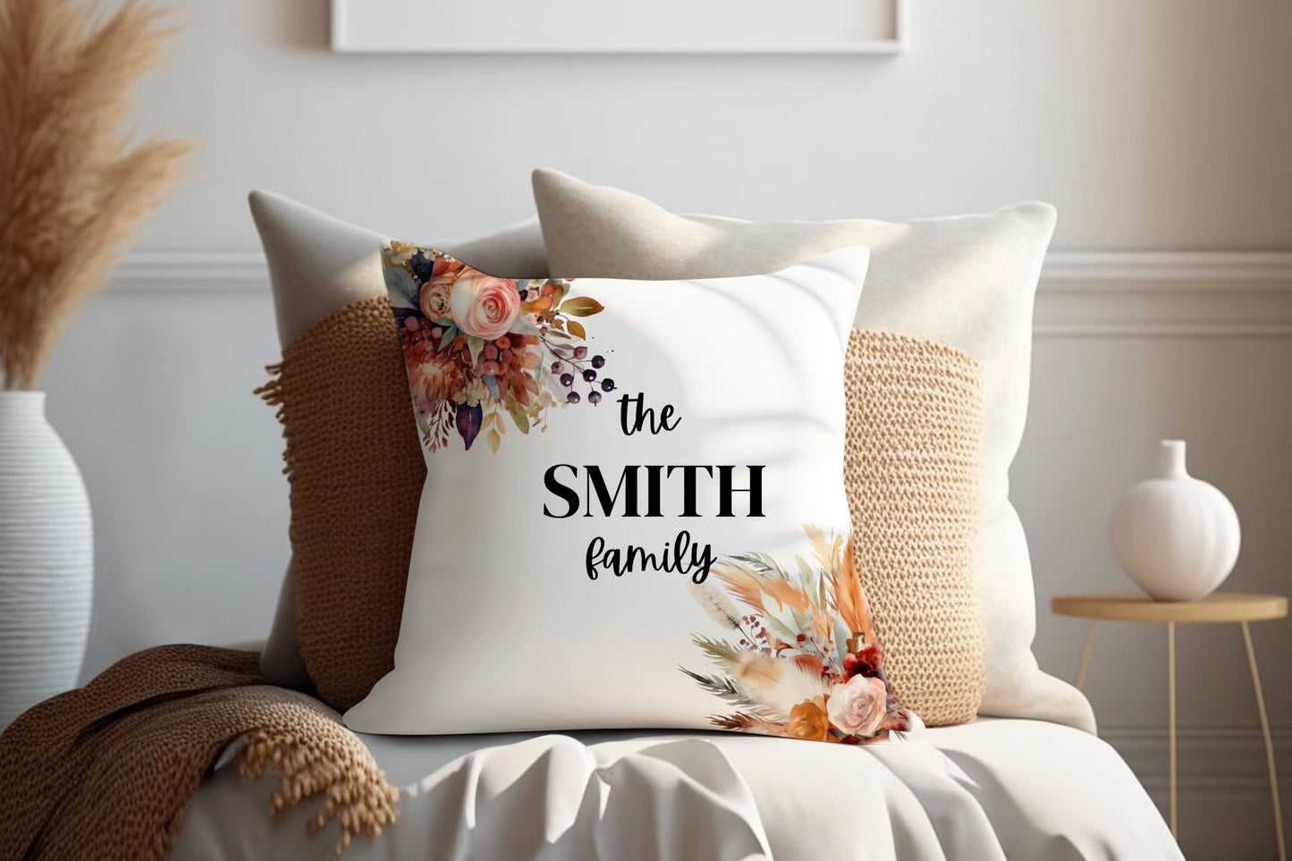 Autumn Floral Design | Family Throw Pillow | Personalise