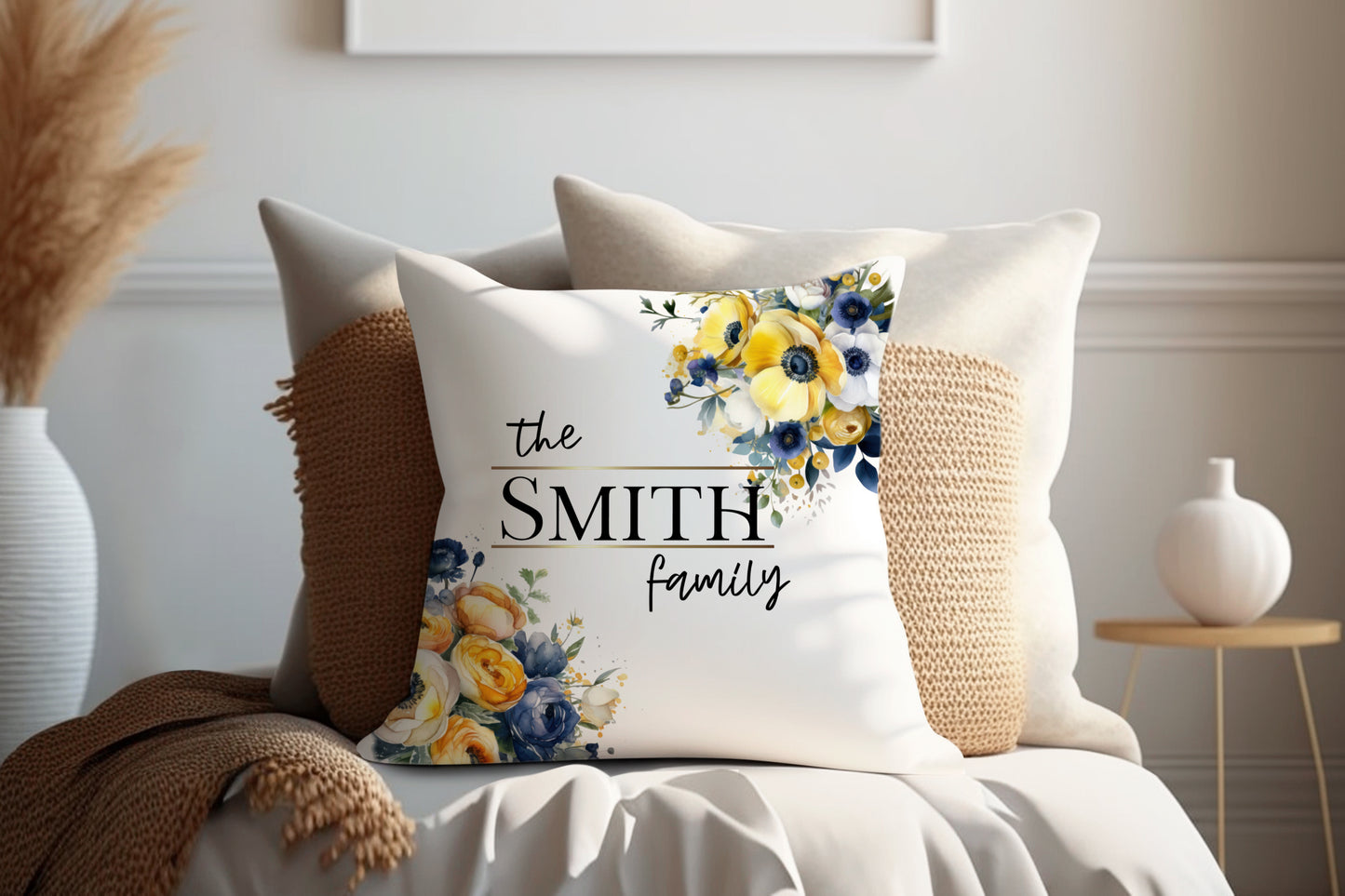 Blue and Yellow Floral | Family Throw Pillow | Personalise