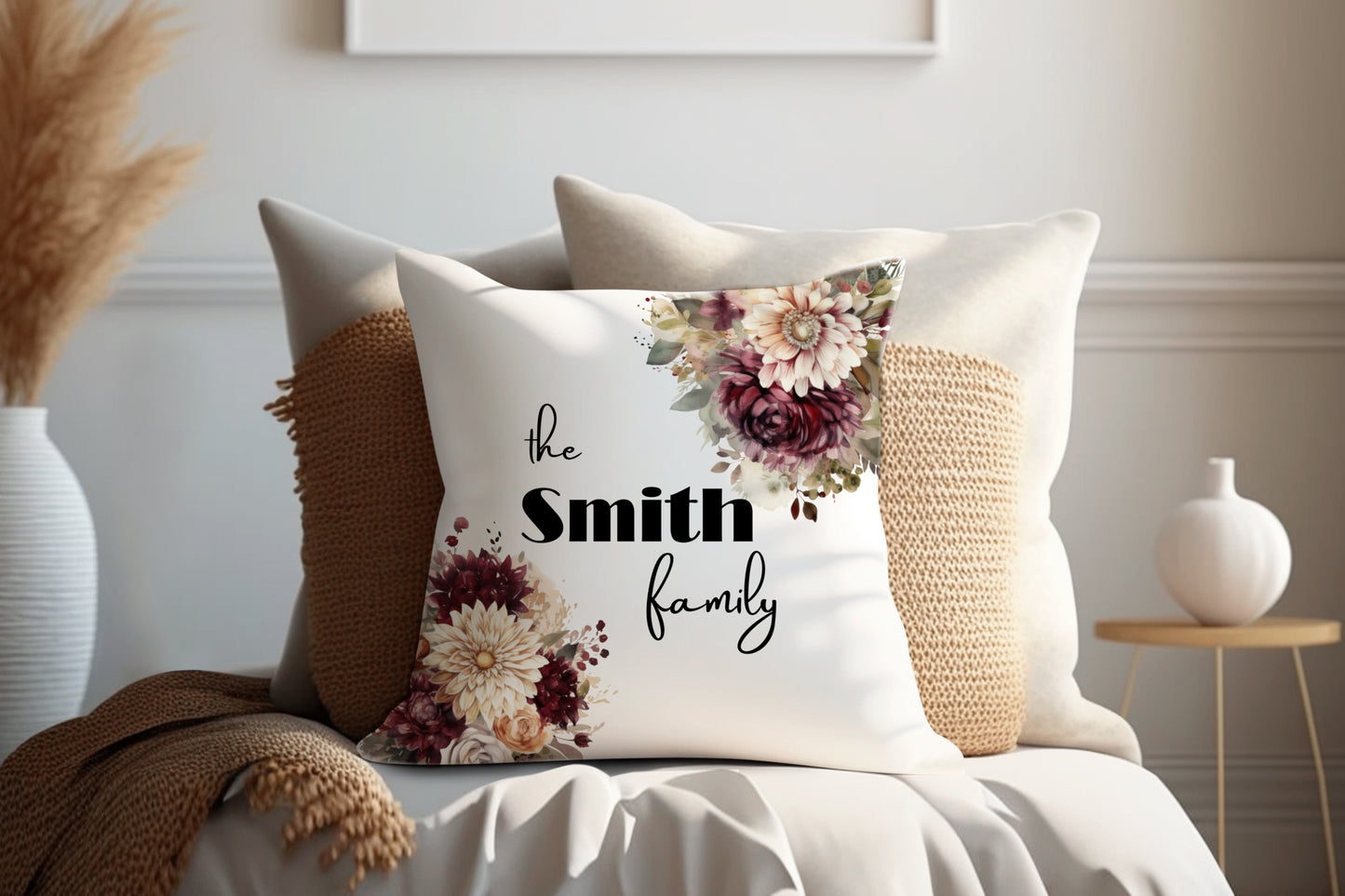 Red and Peach Floral Design | Family Throw Pillow | Personalise