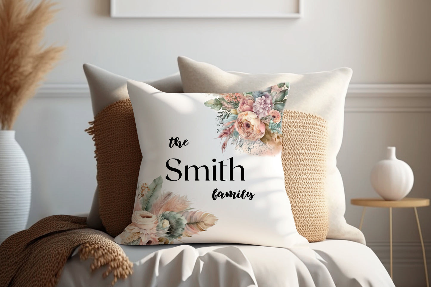 Pastel Dried Floral Design | Family Throw Pillow | Personalise