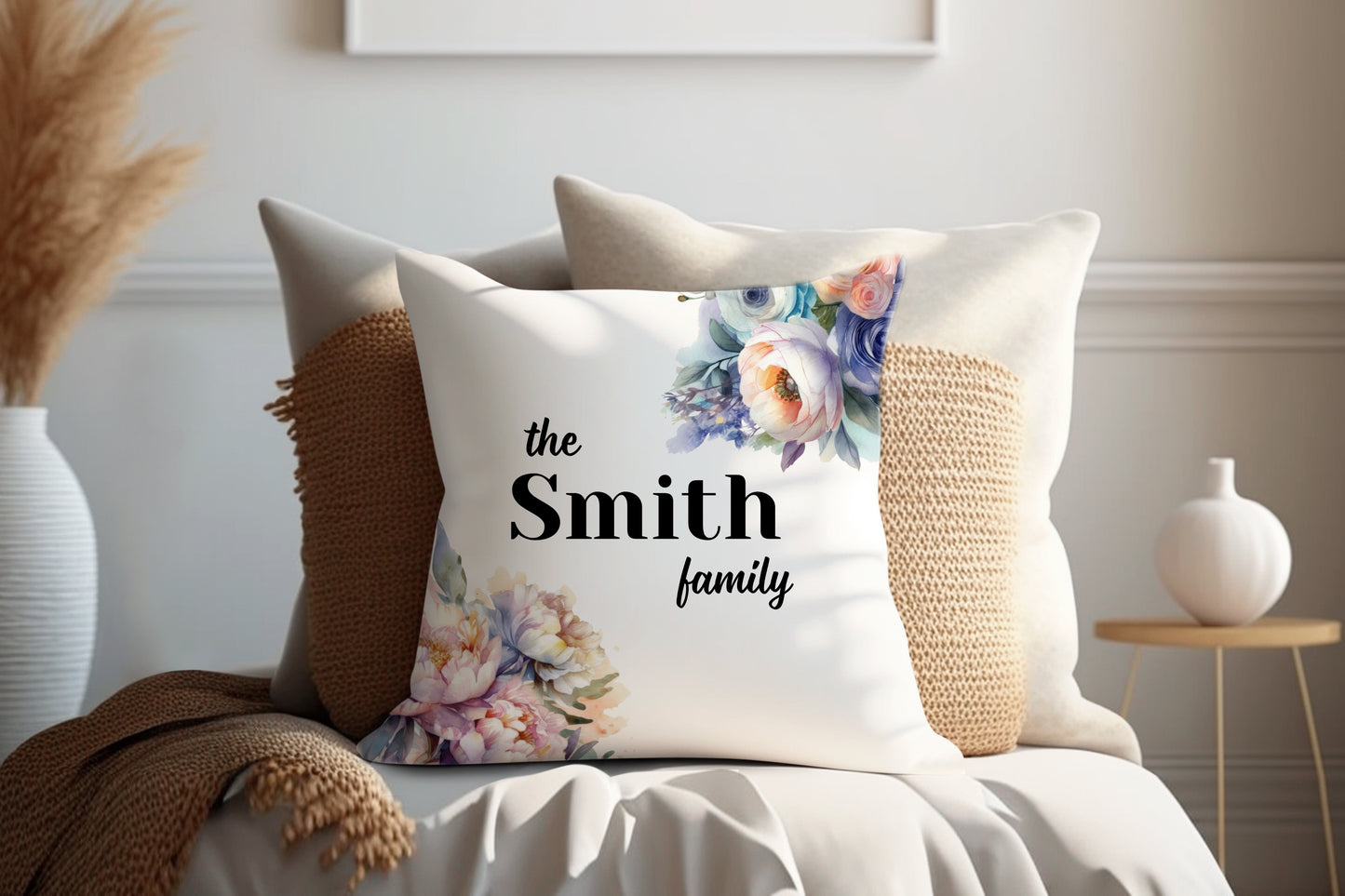 Floral Pastel Blue | Family Throw Pillow | Personalise