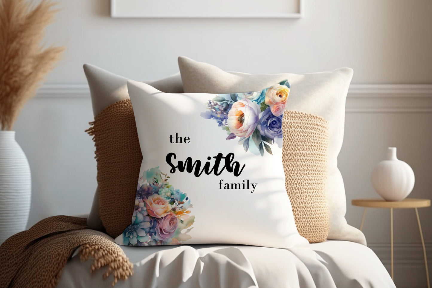 Floral Pastel Blue | Family Throw Pillow | Personalise