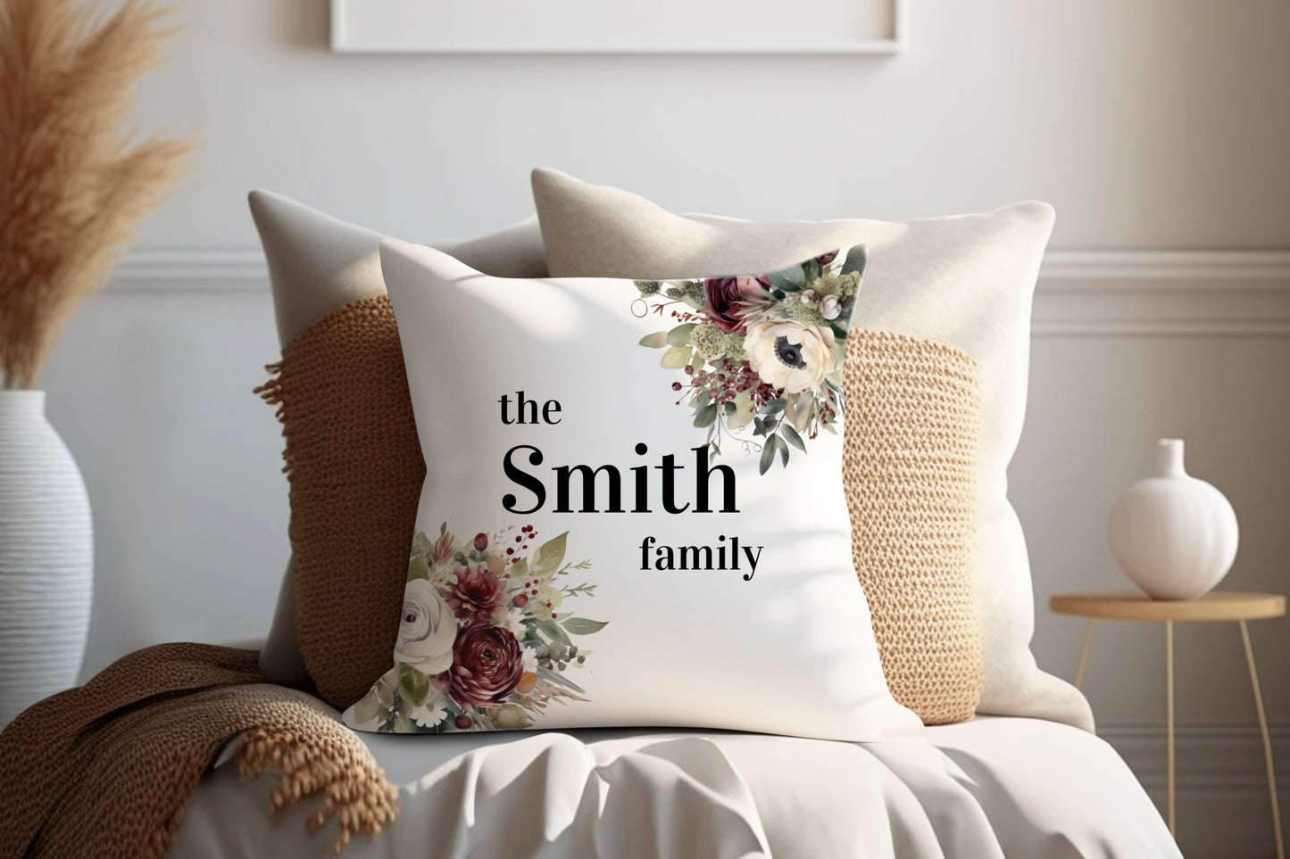 Red and Peach Floral Design | Family Throw Pillow | Personalise