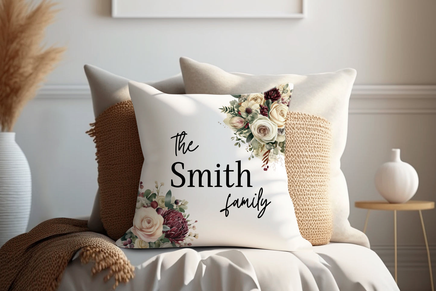 Red and Peach Floral Design | Family Throw Pillow | Personalise