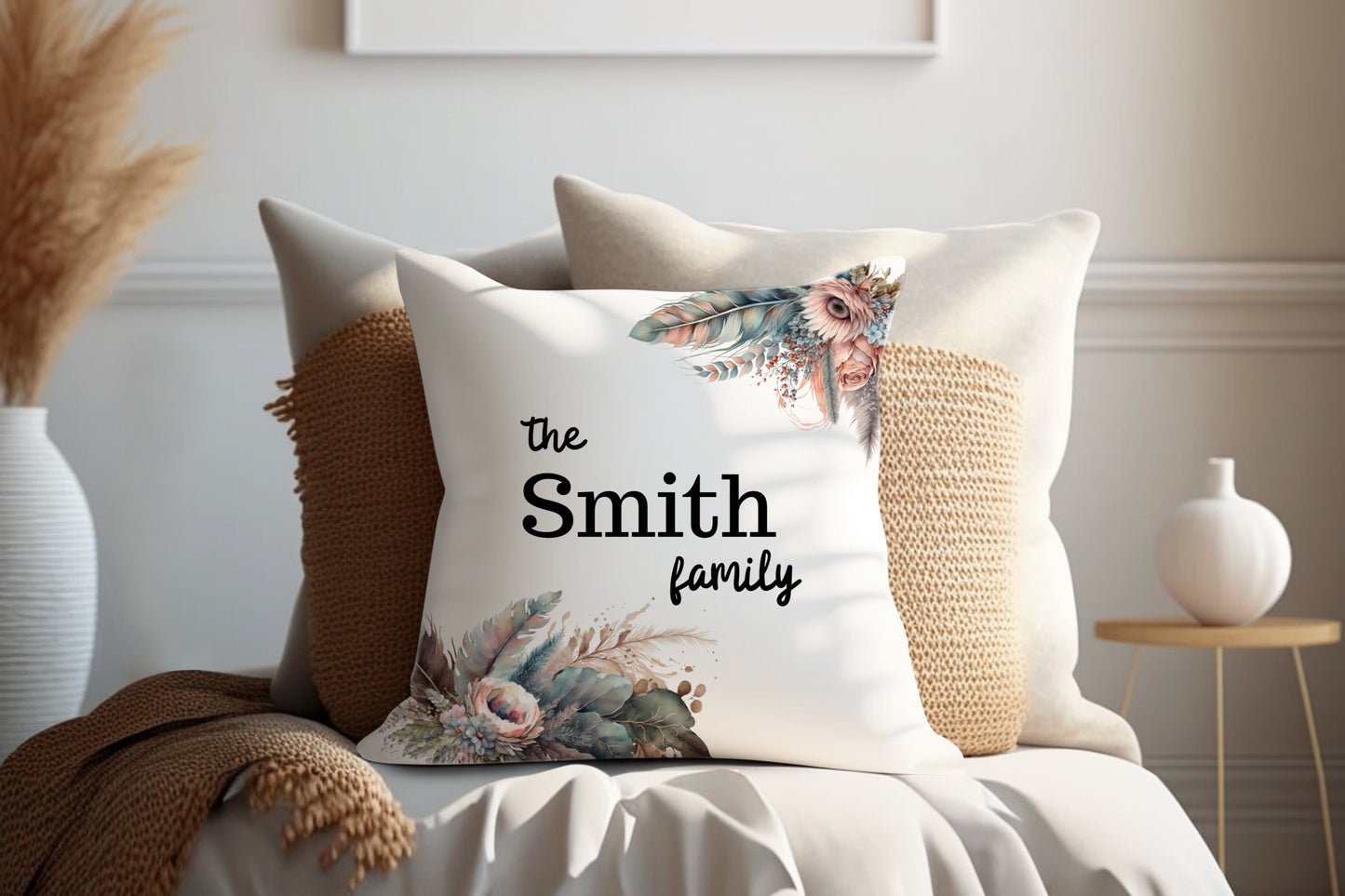 Pastel Dried Floral Design | Family Throw Pillow | Personalise