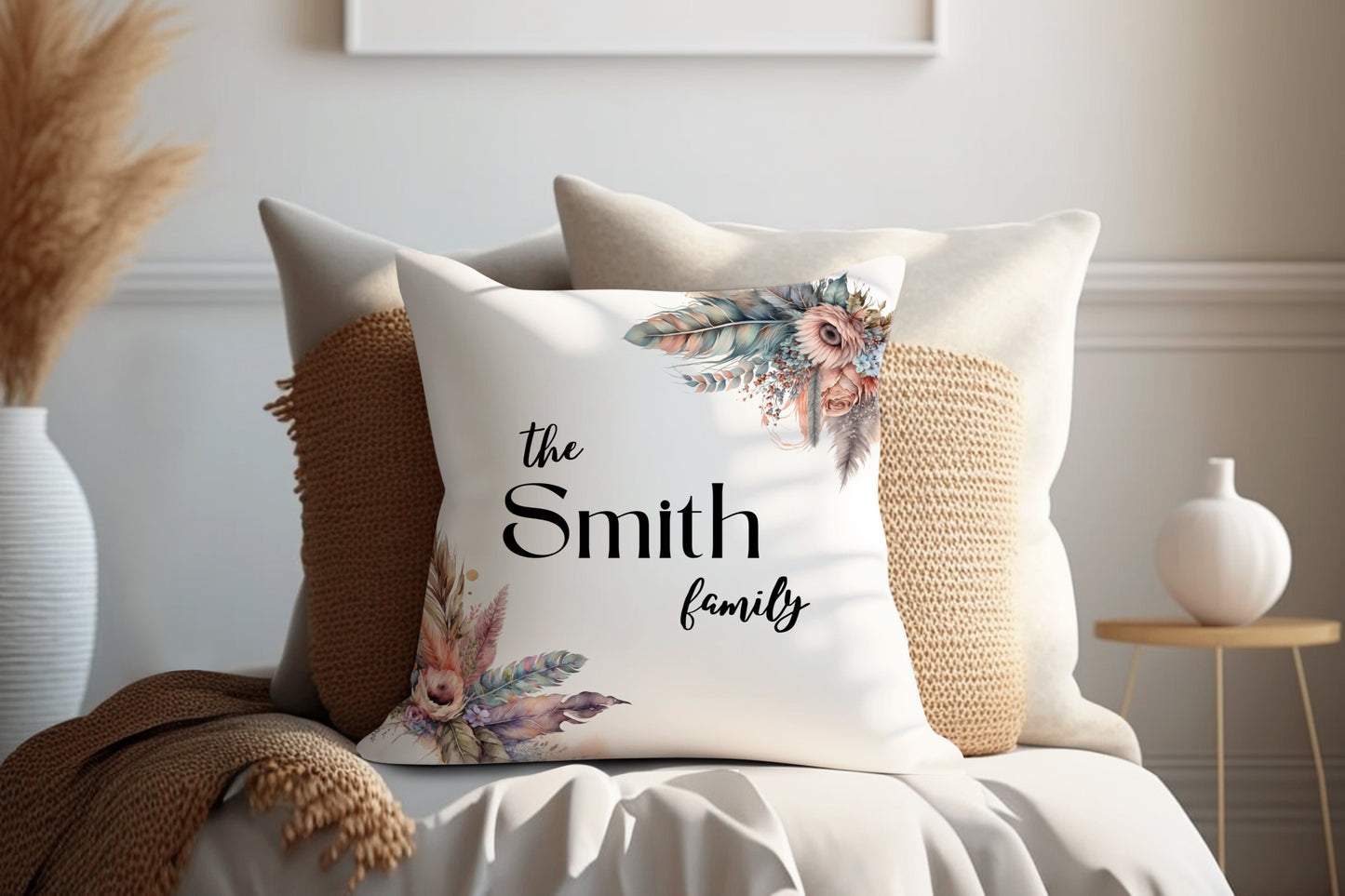 Pastel Dried Floral Design | Family Throw Pillow | Personalise