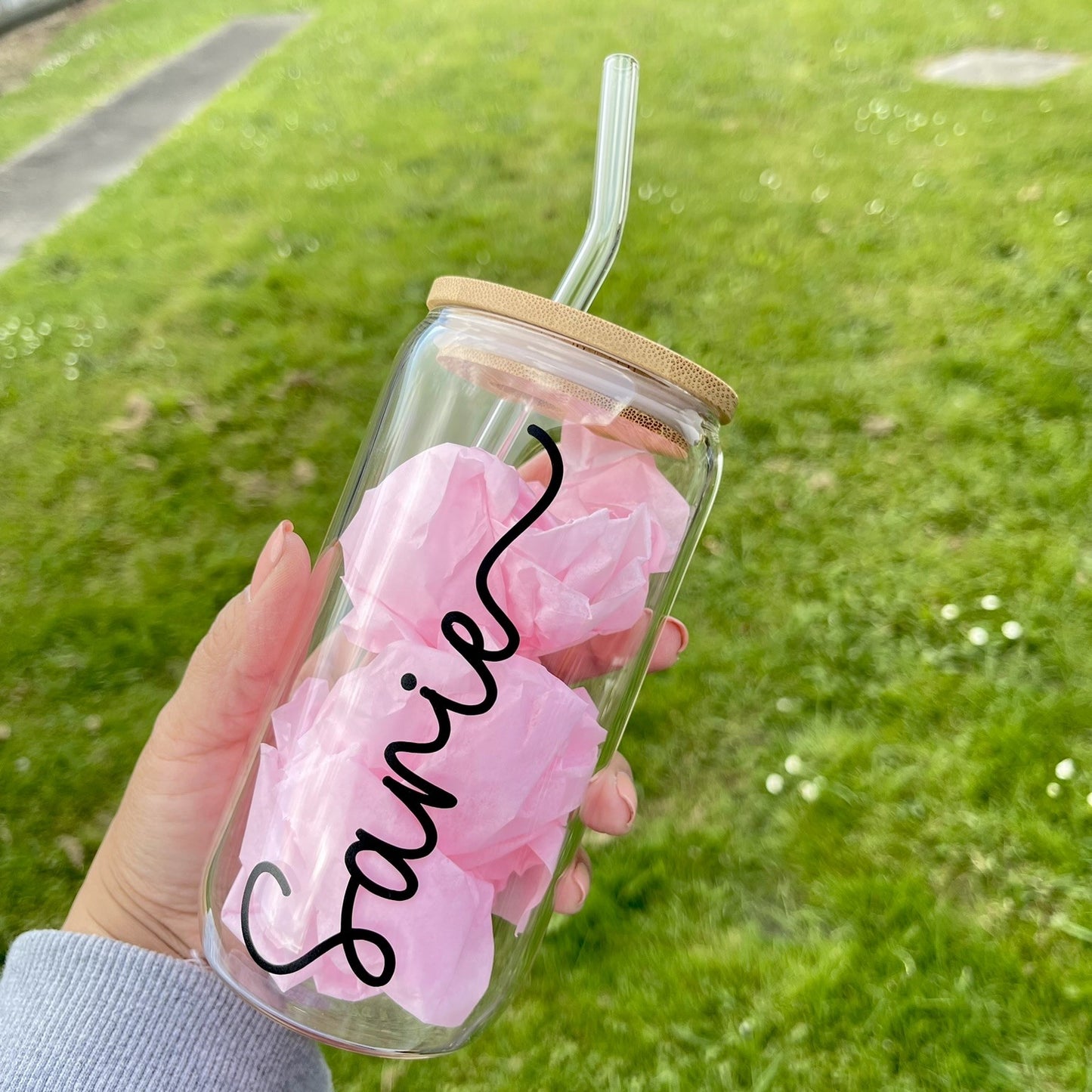 Personalised Glass Tumbler with glass Straw