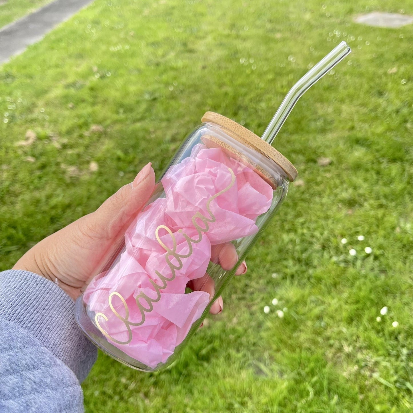 Personalised Glass Tumbler with glass Straw